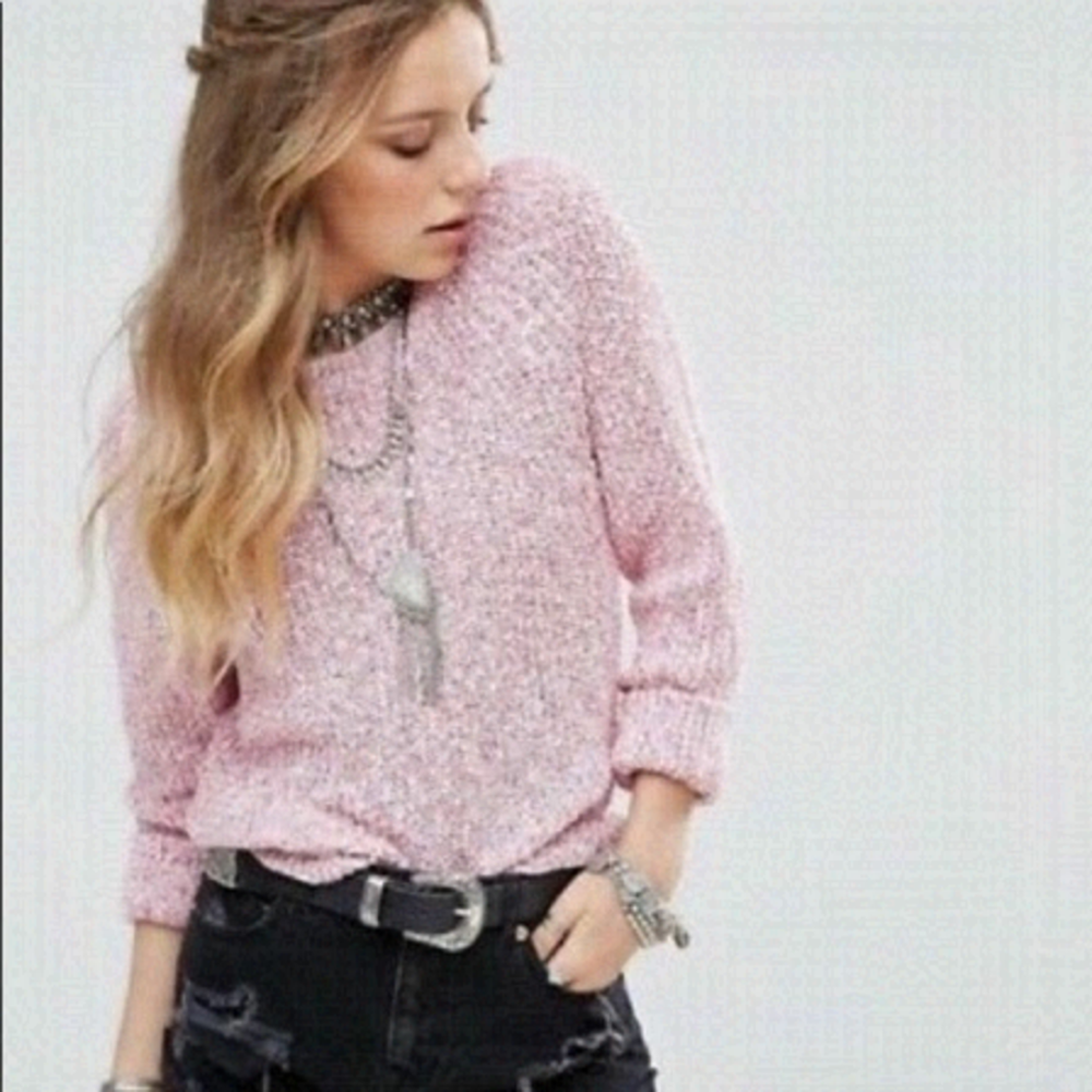 Free People Pink & White Pullover Sweater